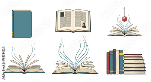 Various book illustrations, from closed and open volumes with text and images to symbolic representations of knowledge and imagination, along with neatly stacked and shelved books.