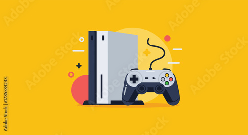A modern video game console and its wired controller are showcased in a vivid flat design illustration, representing digital entertainment and gaming technology on a bright yellow background.