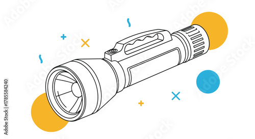 A detailed black outline illustration of a durable, handheld flashlight with a prominent handle, set against a clean white background and adorned with playful colorful abstract shapes.