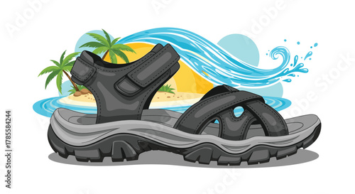 Vibrant cartoon illustration of a rugged grey sport sandal, perfect for summer vacations and outdoor adventures, with a sunny tropical beach, palm trees, and ocean waves.