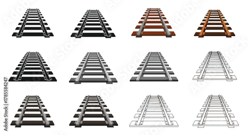 Collection of twelve different stylized illustrations of railway tracks and railroad ties, presented in various colors and artistic styles, isolated on a white background.