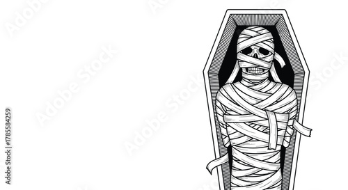 A chilling black and white illustration depicts an ancient mummy, wrapped in tattered bandages with a visible skull, lying within an open, ornate wooden coffin.