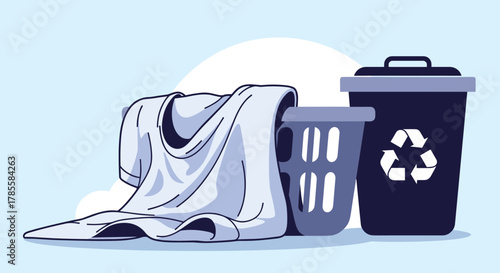 A pile of dirty clothes, a laundry basket, and a recycling bin are neatly arranged on a light blue background, representing household tasks and environmental responsibility.