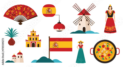 A vibrant collection of flat design vector illustrations representing iconic Spanish culture, featuring traditional attire, famous architecture, the national flag, and paella.