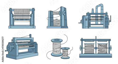 Stylized illustrations featuring vintage textile manufacturing machinery, such as looms, spinning devices, and spools of thread, depicting the industrial process of fabric production.
