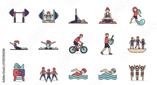 A professional 2D vector icon set illustrating a range of sports, fitness exercises, and competitive athletic events