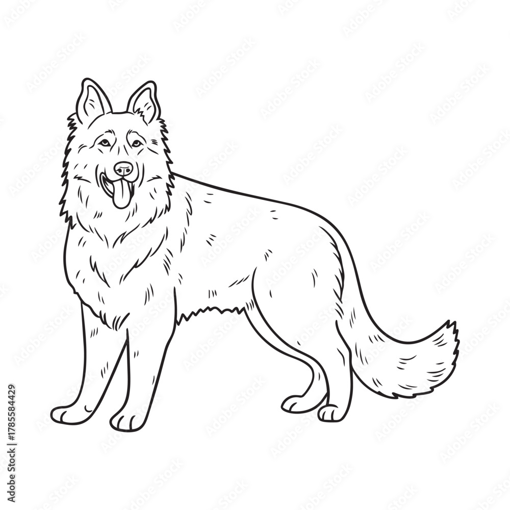 Obraz premium German Shepherd Dog (Alsatian) Line Art. Vector Outline Drawing of a Loyal Canine on a White Background, Ideal for Coloring Pages, T-Shirt Print, or Simple Logo Design.