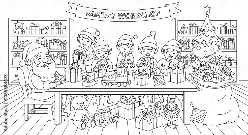 Fototapeta premium Santa’s Workshop Christmas Coloring Page