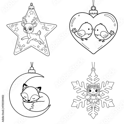 Set of Christmas-themed coloring pages featuring ornaments and festive characters