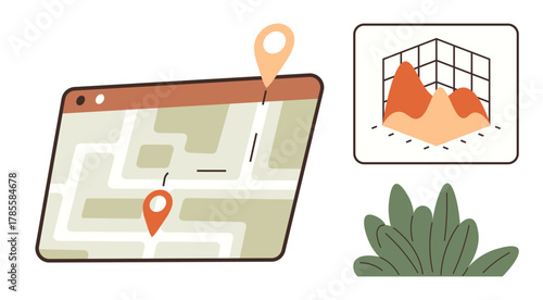 Map interface with location pins, 3D graph signifying analytics, plant for eco-focus. Ideal for navigation, data analysis, ecology, planning, marketing apps innovation. Clear simple flat metaphor