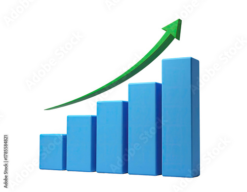 Blue bar graph showing upward trend with a green arrow against a black background