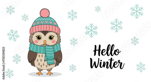 Adorable cartoon owl wearing a knitted hat and scarf surrounded by snowflakes 1.