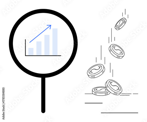 Magnifying glass over growth chart highlighting upward trend, coins falling symbolizing investment, wealth. Ideal for finance, business, analysis, growth, investment strategy success. Minimalist