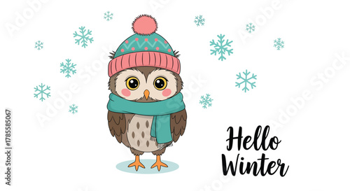 Adorable cartoon owl wearing a winter hat and scarf surrounded by snowflakes.