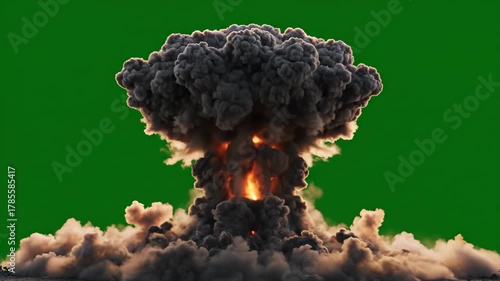 Powerful nuclear bomb explosion with a mushroom cloud on a green screen background.