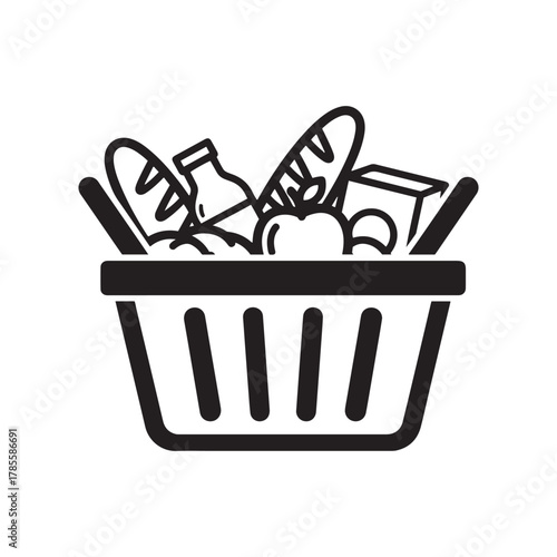 Essential groceries in a shopping basket icon for daily needs