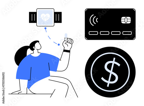 Person interacting with wearable device, contactless credit card, and dollar sign. Ideal for fintech, wearable technology, contactless payment, digital wallet, online banking, cashless economy