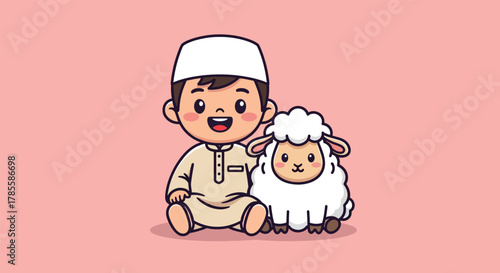 Adorable Muslim Boy in Traditional Attire Poses with a Cute Sheep 1.