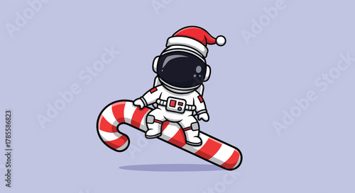 Astronaut Wearing Santa Hat Riding a Candy Cane.
