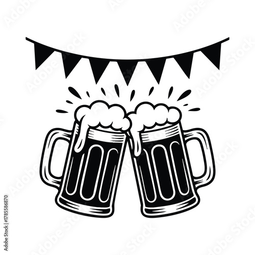 Black and White Clinking Beer Mugs with Foam and Bunting, Cheers Beer Graphic, Monochrome Illustration of Two Clashing Steins with Splash and Pennant Banner, illustration, vector.
