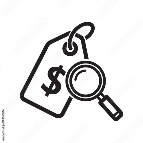 Financial cost analysis icon with magnifying glass and price tag
