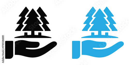 Protecting our forests with care and environmental action,Flat Black Silhouette Ecology Icon. Hand Holding Plant Leaf Symbol.Hand holding plant simple flat icon vector