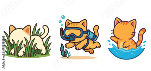 set cute cats exploring water and grass