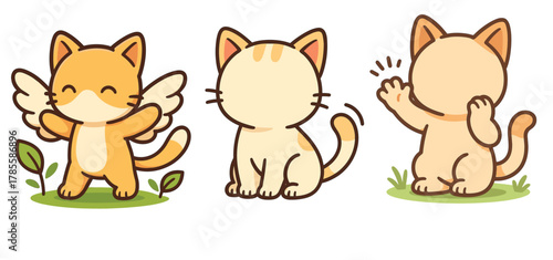 set cute cats with wings and positive gestures