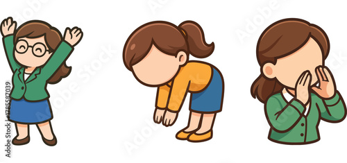 set cute woman characters with energetic gestures