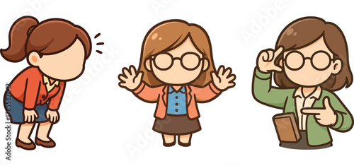 set cute woman characters with shy and happy expressions