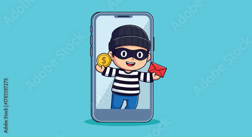 Cartoon thief character emerging from a smartphone screen holding coins and a red envelope.