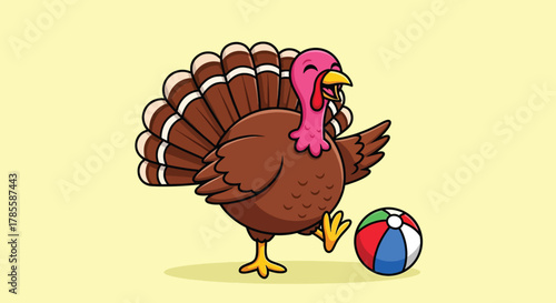 Cartoon Turkey Playing with a Colorful Beach Ball.