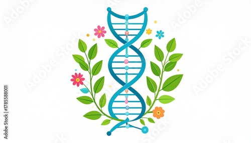 Vector Infographic of DNA Strand Transforming into Leaves and Flowers
