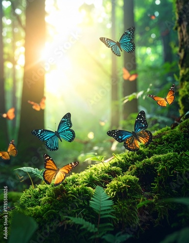 Cinematic Glowing Forest with Butterflies Displaying Circuit Pattern Wings