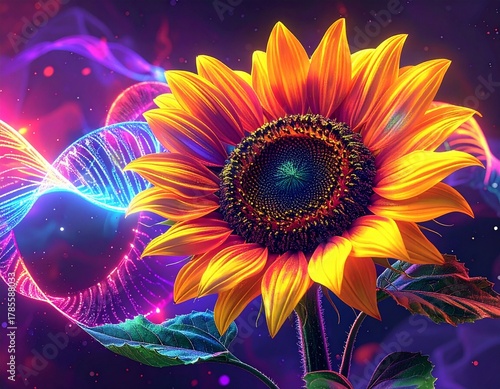 Pop Art Sunflower with Neon DNA Spirals Radiating like Sound Waves