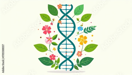 Vector Infographic of DNA Strand Transforming into Leaves and Flowers
