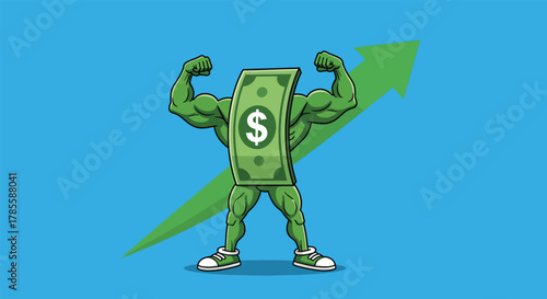 Muscular Dollar Bill Character Flexing Biceps with Upward Arrow.