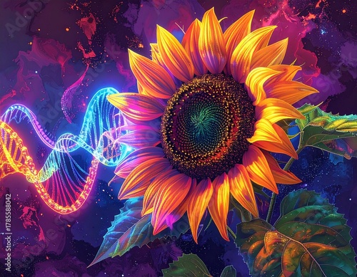 Pop Art Sunflower with Neon DNA Spirals Radiating like Sound Waves