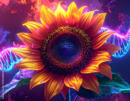 Pop Art Sunflower with Neon DNA Spirals Radiating like Sound Waves