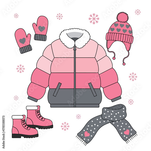 Pink Puffer Jacket Hat Mittens Scarf and Boots for Winter.