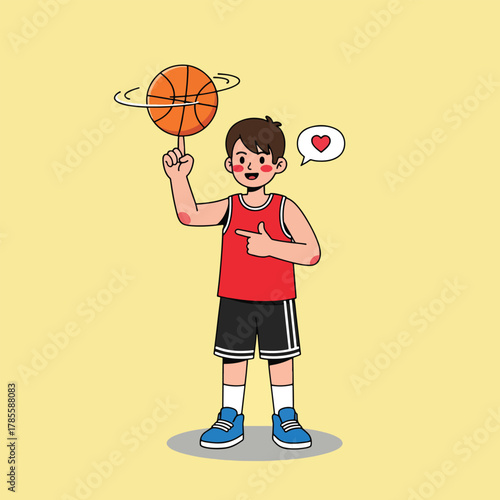 Young boy in basketball uniform spinning a basketball on his finger with a heart icon above his head.