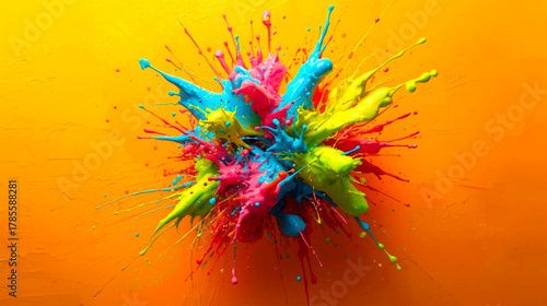 Explosion of vibrant colors creating a dynamic abstract background on an orange surface