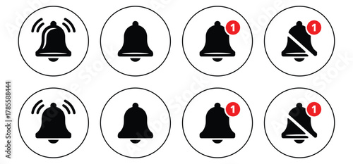 Stay updated with modern notification bell alert icon set,Notification bell icon set. Alarm symbol. Incoming message symbol. Bell for subscribe, alarm and push chat alert. New notification, reminder.