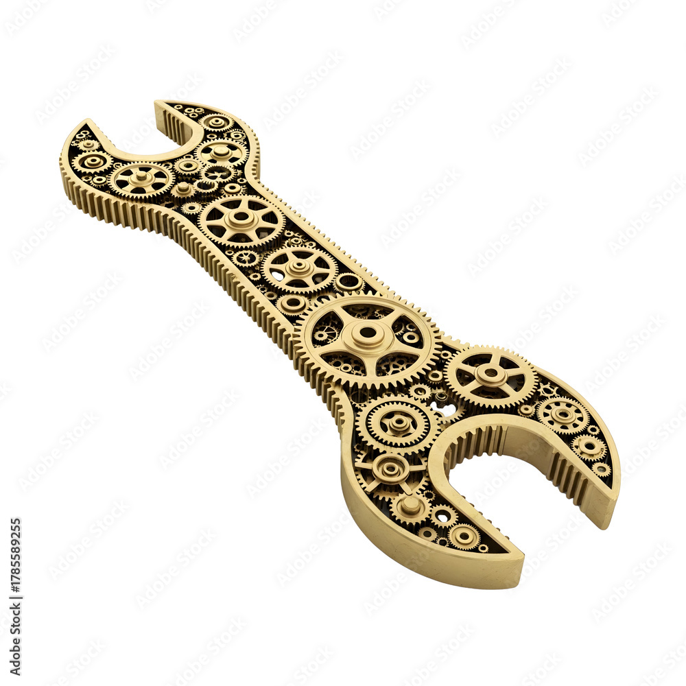 Obraz premium Intricate golden wrench crafted from gears, symbolizing mechanical precision and engineering brilliance, perfect for industrial design or technical innovation concepts