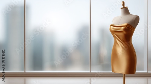 Elegant Golden Dress on Mannequin in Bright Modern Boutique Space