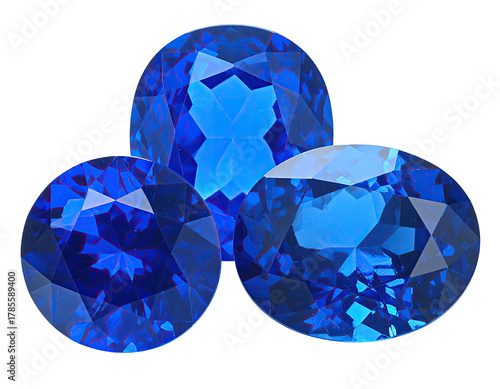 Three oval-cut, brilliant blue, multifaceted gemstones arranged on a black background