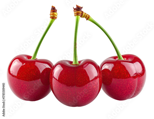 Three ripe cherries, vibrant red, with stems, isolated on a black background