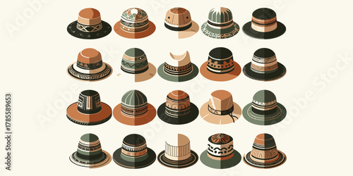 Eclectic Array of Artistic Hat Designs in Rows Fashion and Style