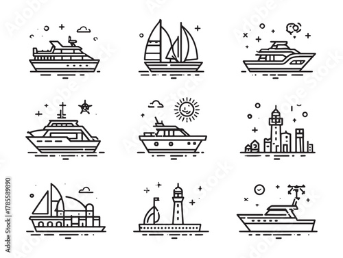 Marina line art capturing tranquil coastal beauty