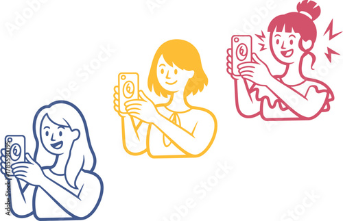Happy diverse women taking social media photos with smphones and smiling cheerfully